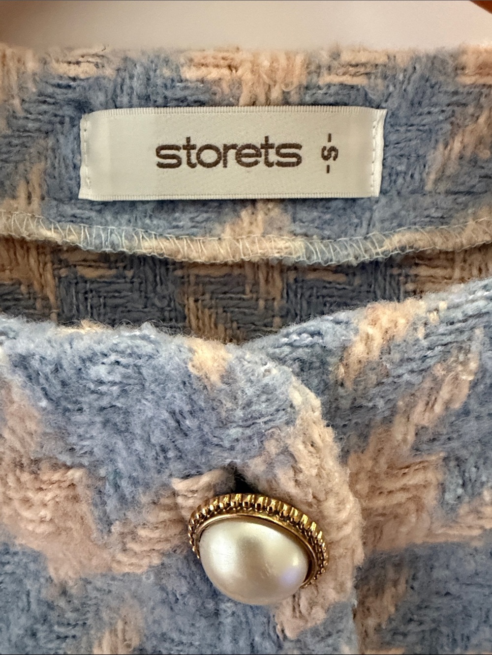 Storets Blue & Beige Houndstooth Pearl Button Cropped Cardigan Puff Sleeve Small - Picture 4 of 7